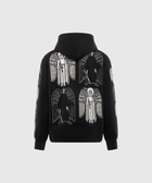 Black hoodie with white graphic angel and wing designs on back and sleeves, streetwear style