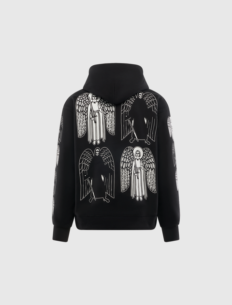 Black hoodie with white graphic angel and wing designs on back and sleeves, streetwear style