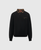 Black long sleeve sweatshirt with plaid collar, chest zipper pocket, men's streetwear top
