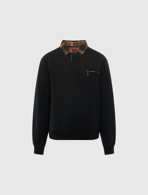 Black long sleeve sweatshirt with plaid collar, chest zipper pocket, men's streetwear top