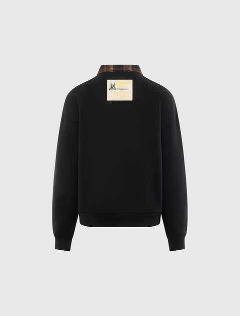 Black men's streetwear sweatshirt with plaid collar and graphic patch on the upper back