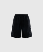 Black men's streetwear athletic shorts with elastic waistband and subtle reflective piping