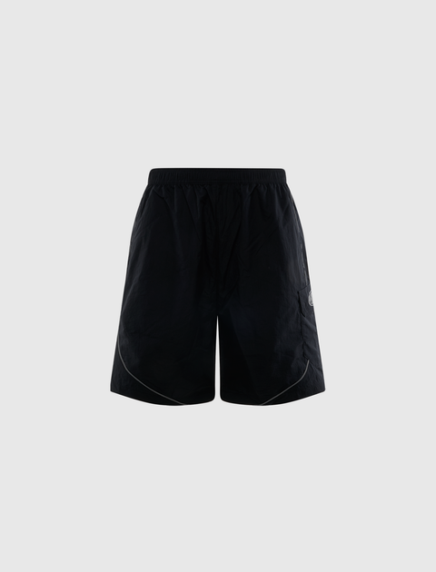 Black men's streetwear athletic shorts with elastic waistband and subtle reflective piping