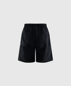 Black men's streetwear shorts with elastic waistband and side pocket, back view