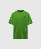 Lime green men's streetwear t-shirt with 'Pleasures Too Hot 4 U' chest graphic