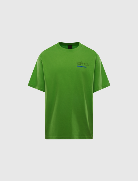 Lime green men's streetwear t-shirt with 'Pleasures Too Hot 4 U' chest graphic