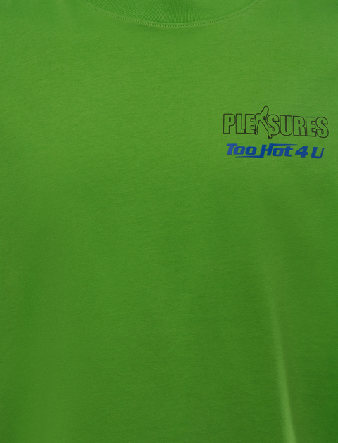 Lime green men's streetwear t-shirt with 'PLEASURES Too Hot 4 U' chest graphic