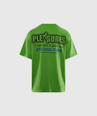 Lime green streetwear t-shirt with bold Pleasures graphic and blue text on the back