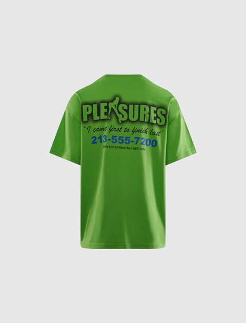 Lime green streetwear t-shirt with bold Pleasures graphic and blue text on the back