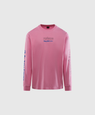 Pink long sleeve graphic streetwear shirt with front and sleeve text print