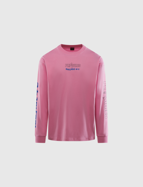 Pink long sleeve graphic streetwear shirt with front and sleeve text print
