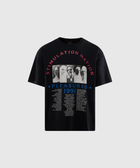 Black men's graphic streetwear t-shirt with bold text and monochrome faces print on front.