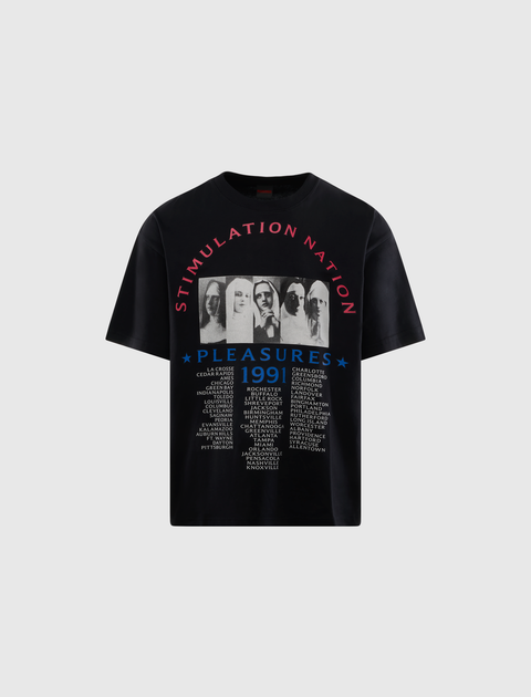Black men's graphic streetwear t-shirt with bold text and monochrome faces print on front.