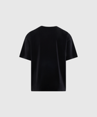 Back view of plain black men's short sleeve streetwear t-shirt on white background