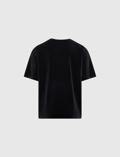 Back view of plain black men's short sleeve streetwear t-shirt on white background