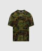 Green camouflage short sleeve t-shirt with PLEASURES logo on chest, streetwear style