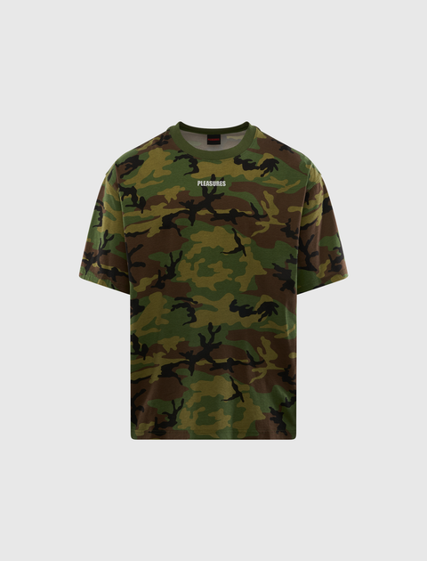 Green camouflage short sleeve t-shirt with PLEASURES logo on chest, streetwear style