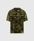 Men's camo graphic t-shirt with multiple white 'Pleasures' logos on the back