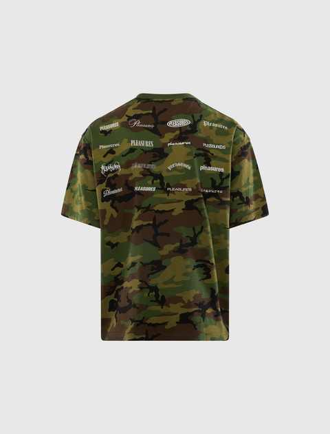 Men's camo graphic t-shirt with multiple white 'Pleasures' logos on the back