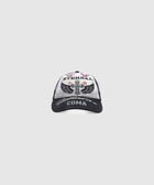 Black and white trucker hat with embroidered wings, cross, and bold text on front
