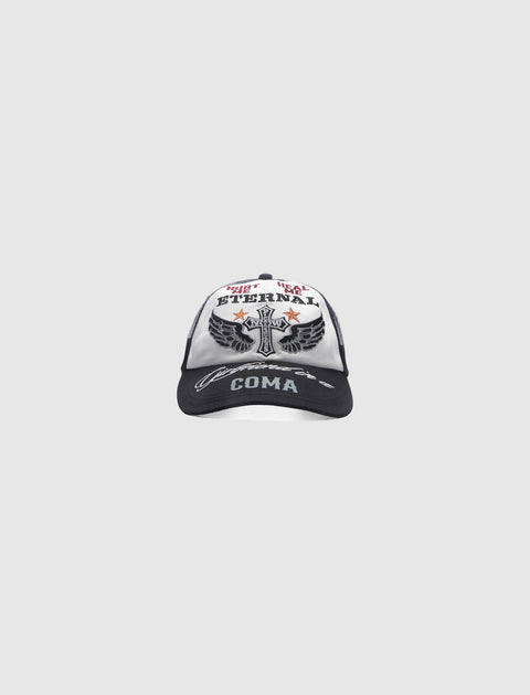 Black and white trucker hat with embroidered wings, cross, and bold text on front