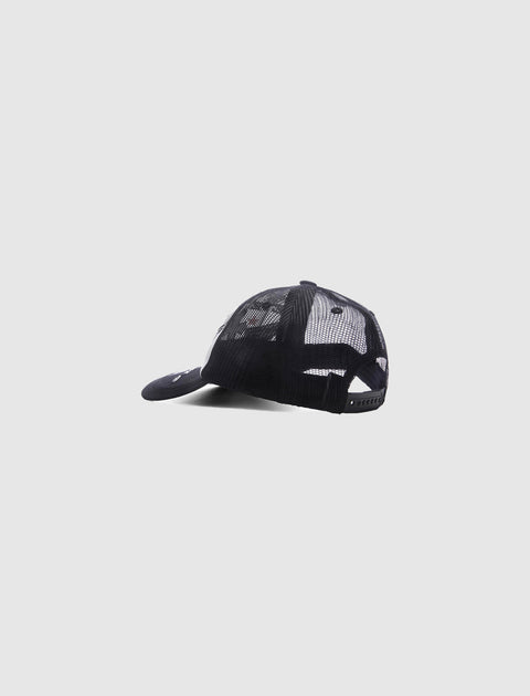 Black mesh trucker hat with adjustable snapback and white embroidery side view