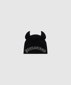Black beanie with horn detail and 'Pleasures' logo in gothic font on front