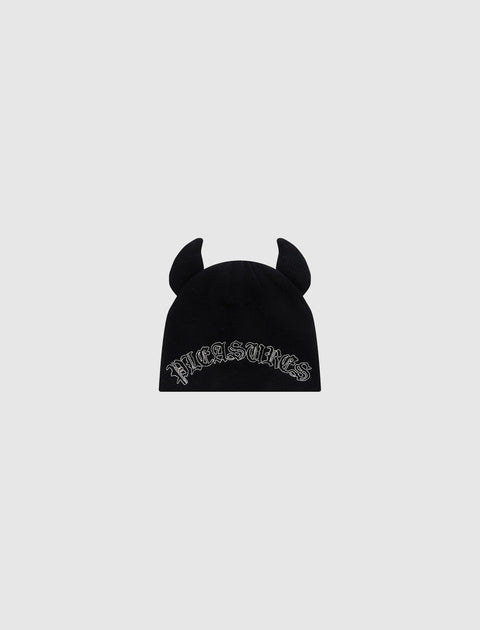Black beanie with horn detail and 'Pleasures' logo in gothic font on front
