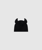 black knit beanie with two pointed ear details, streetwear accessory on white background