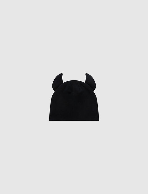 black knit beanie with two pointed ear details, streetwear accessory on white background