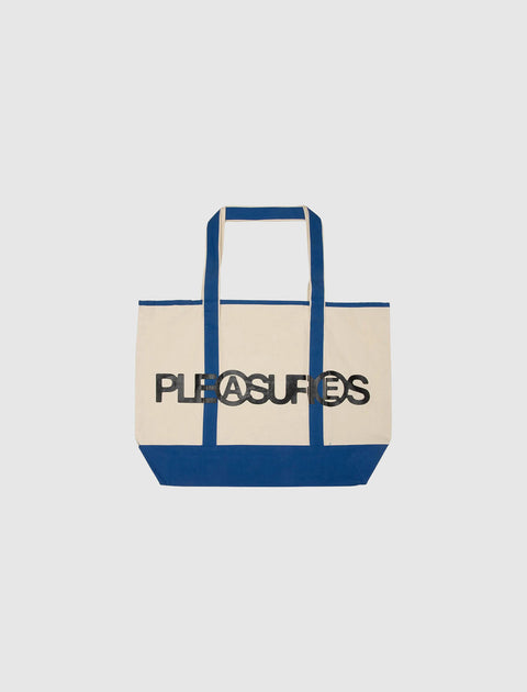 Canvas tote bag with blue trim and bold black 'PLEASURES' text on front