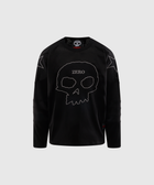 Black long sleeve streetwear jersey with skull and star graphics, mesh details, and 'ZERO' text