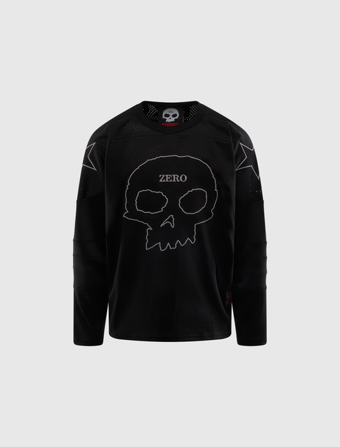 Black long sleeve streetwear jersey with skull and star graphics, mesh details, and 'ZERO' text