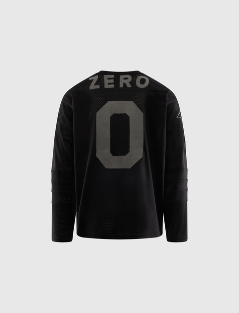 Black long sleeve mesh jersey with ZERO and number 0 graphic on the back, streetwear style