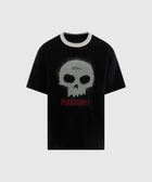 Black streetwear t-shirt with white skull graphic, 'ZERO' text, and red 'PLEASURES' print