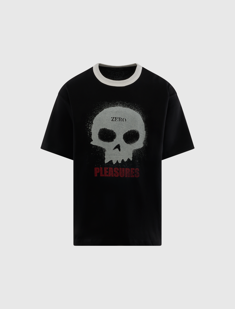 Black streetwear t-shirt with white skull graphic, 'ZERO' text, and red 'PLEASURES' print