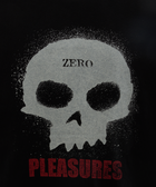 Black streetwear shirt with white skull graphic, 'ZERO' text, and red 'PLEASURES' lettering
