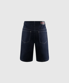 Back view of dark denim streetwear shorts with contrast stitching and rear pockets