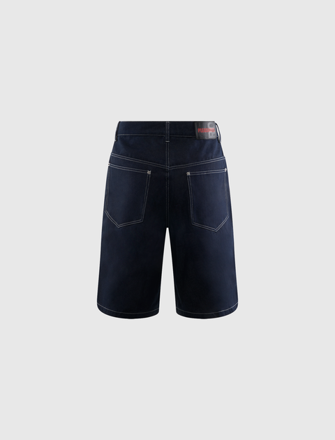 Back view of dark denim streetwear shorts with contrast stitching and rear pockets