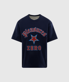 Navy blue streetwear t-shirt with star graphic and bold red 'ZERO' text on front
