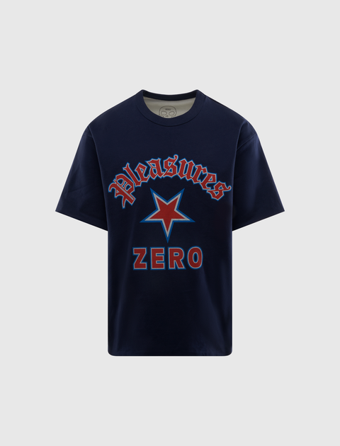 Navy blue streetwear t-shirt with star graphic and bold red 'ZERO' text on front
