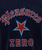 Navy streetwear tee with red Pleasures text, star graphic, and Zero print on front