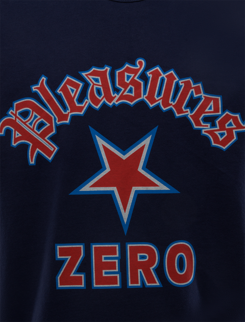 Navy streetwear tee with red Pleasures text, star graphic, and Zero print on front