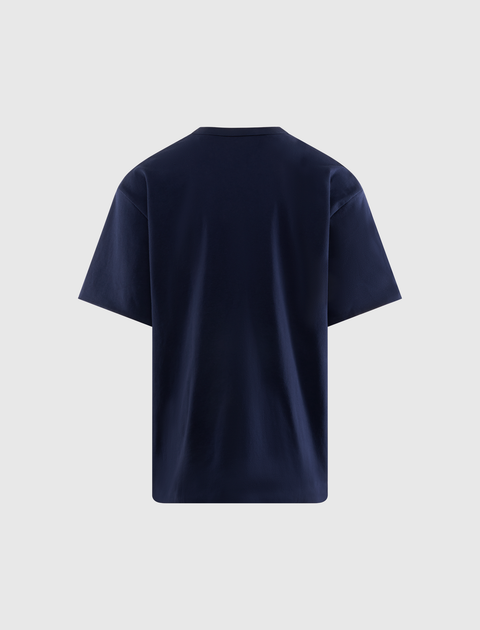 back view of plain navy blue men's short sleeve streetwear t-shirt on white background