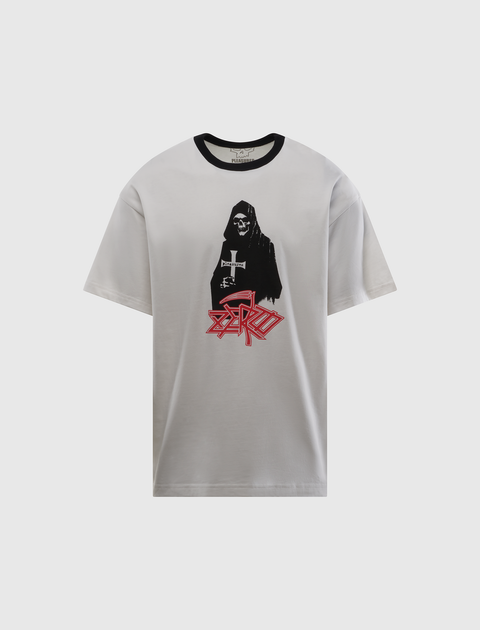 White men's streetwear t-shirt with black grim reaper graphic and red ZERO text on front