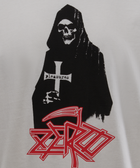 White streetwear t-shirt with reaper graphic, cross reading pleasures, and bold red zero text
