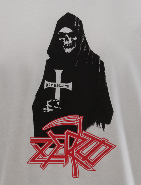 White streetwear t-shirt with reaper graphic, cross reading pleasures, and bold red zero text