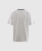 Back view of a white short sleeve men's streetwear t-shirt with black crewneck collar