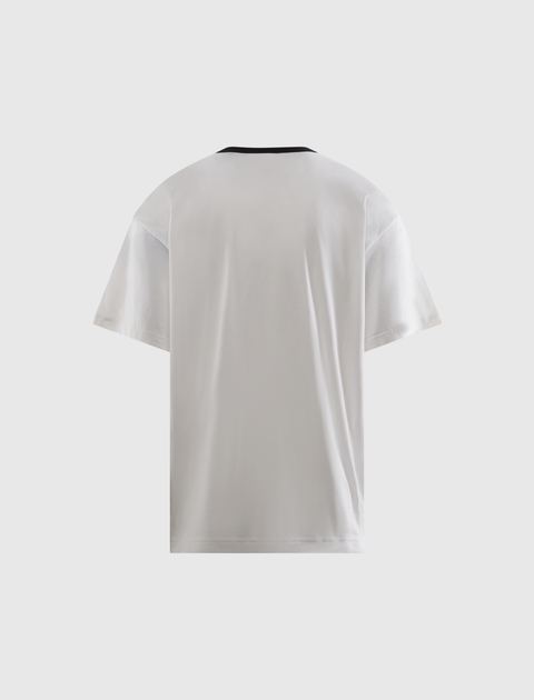 Back view of a white short sleeve men's streetwear t-shirt with black crewneck collar