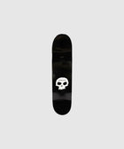 Black skateboard deck with white skull graphic and Pleasures text on gray background